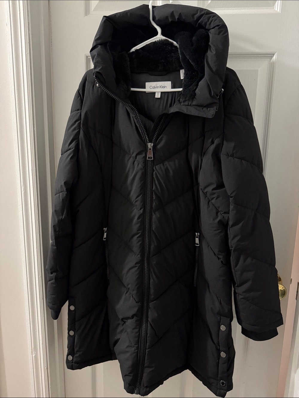 Calvin Klein Black Quilted Long Puffer Coat with Hood